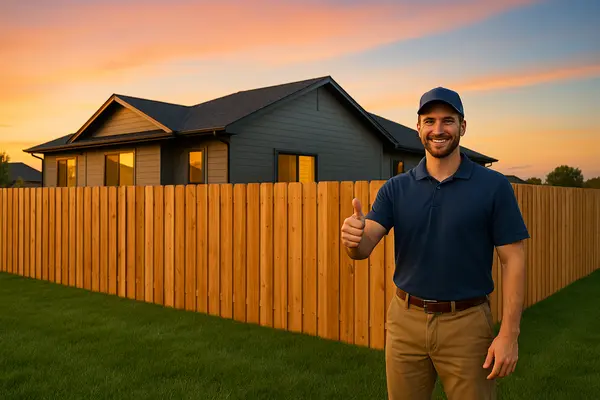 a fence contractor smiling at the camera with a brand new fenced installed in the background from Dallas Fence Company in Dallas, TX - aluminum fence contractors a fence contractor smiling at the camera with a brand new fenced installed in the background from Dallas Fence Company in Dallas, TX - aluminum fence contractors