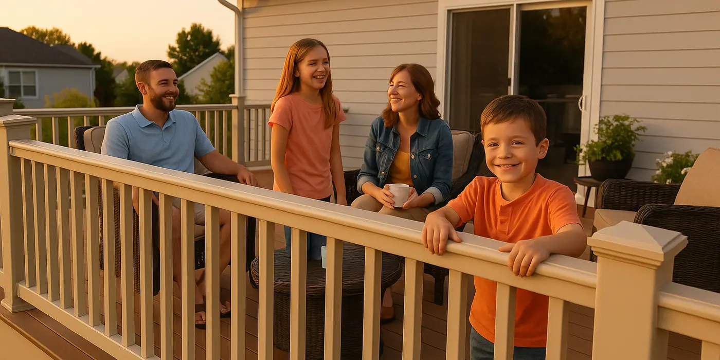 a happy family on a wooden deck with a fence from Dallas Fence Company in Arlington, TX - Arlington TX a happy family on a wooden deck with a fence from Dallas Fence Company in Arlington, TX - Arlington TX