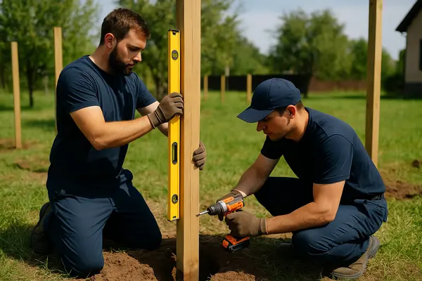 2 male fence contractors installing the posts for a new fence from Dallas Fence Company in Dallas, TX - commercial fencing company 2 male fence contractors installing the posts for a new fence from Dallas Fence Company in Dallas, TX - commercial fencing company
