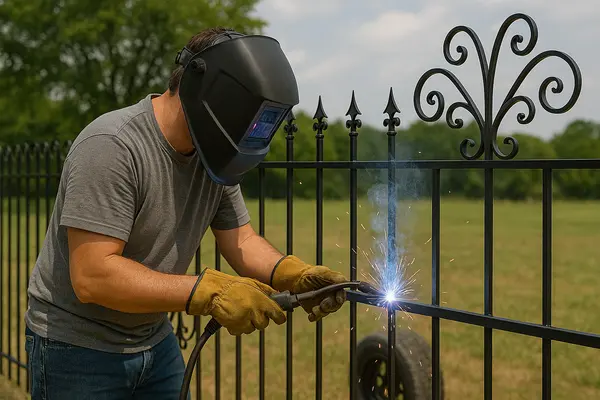 a male contractor welding a new metal fence from Dallas Fence Company in Dallas, TX - commercial fencing company a male contractor welding a new metal fence from Dallas Fence Company in Dallas, TX - commercial fencing company