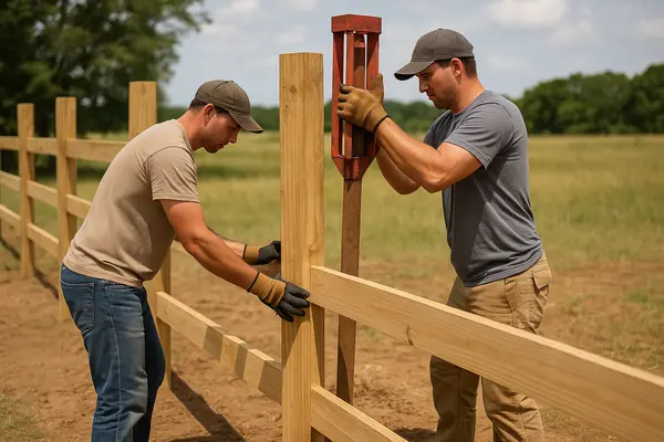 2 male contractors installing the posts for a new wooden fence from Dallas Fence Company in Dallas, TX - commercial fencing company 2 male contractors installing the posts for a new wooden fence from Dallas Fence Company in Dallas, TX - commercial fencing company