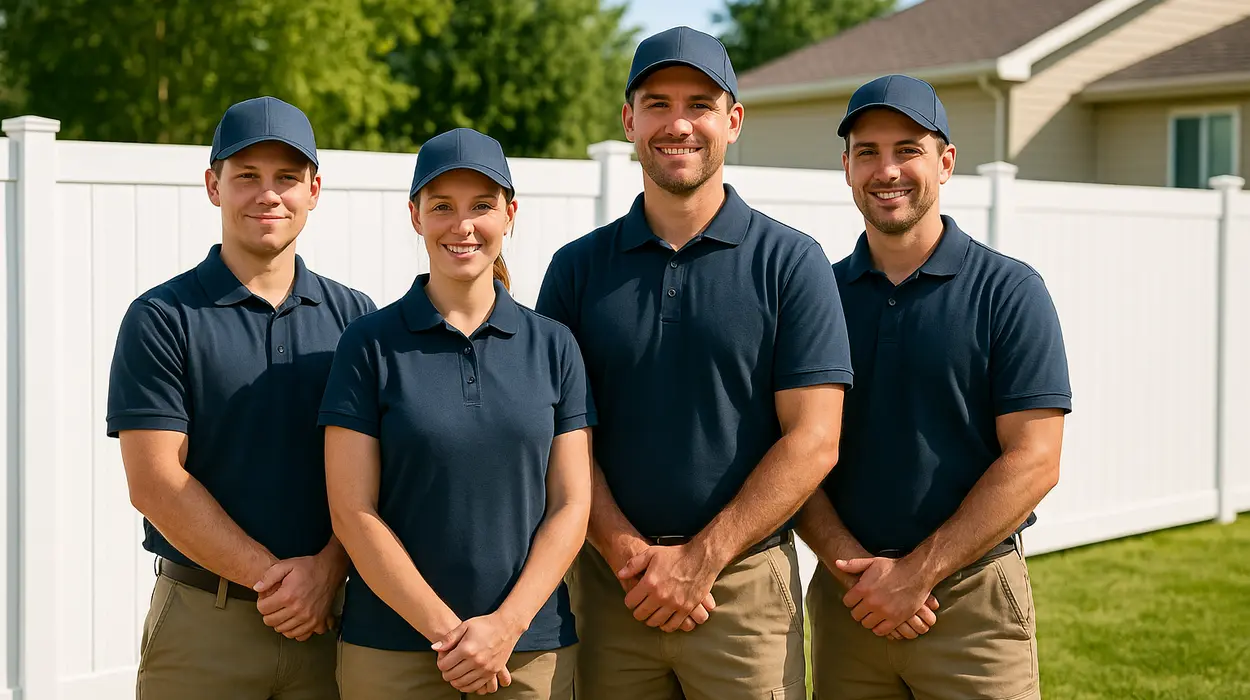 4 fence contractors in uniform smiling at the camera from Dallas Fence Company in Dallas, TX - Custom fence construction