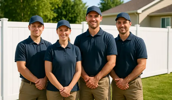 4 fence contractors in uniform smiling at the camera from Dallas Fence Company in Dallas, TX - Custom fence construction