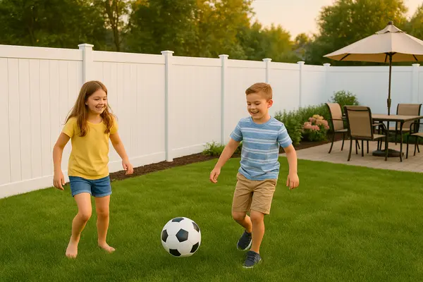 2 kids playing in the backyard with a fence in the background from Dallas Fence Company in Dallas, TX - Deer fencing & ranch rail installation