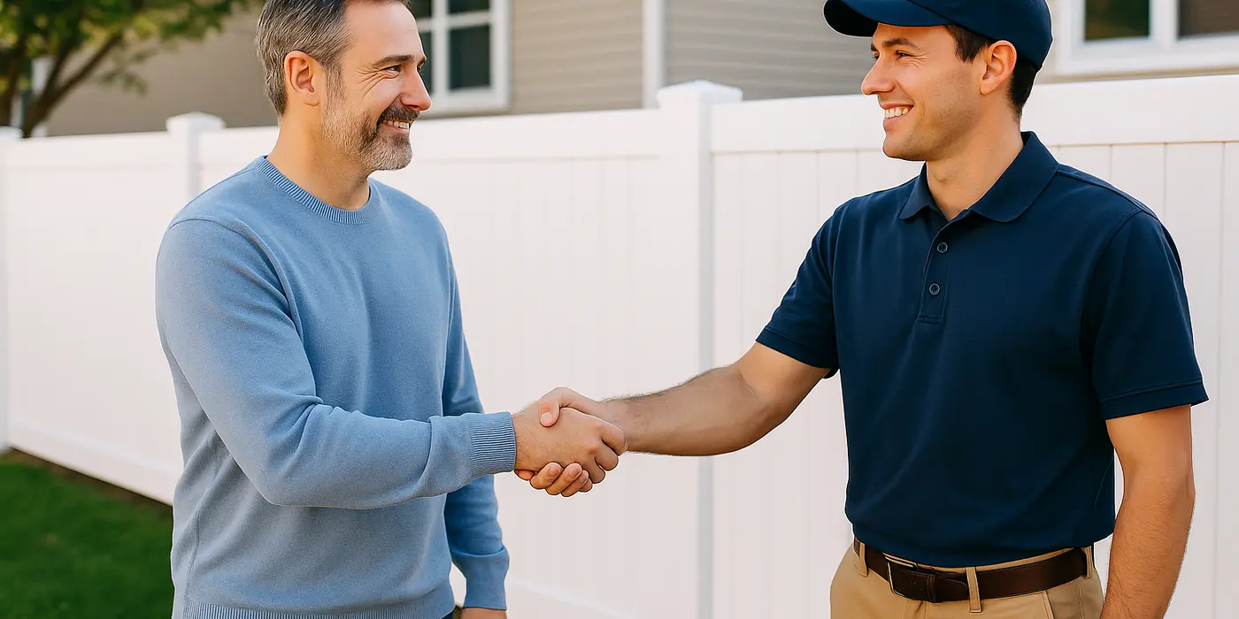 a fence contractor shaking hand with a happy customer from Dallas Fence Company in Dallas, TX - Dog fence installation a fence contractor shaking hand with a happy customer from Dallas Fence Company in Dallas, TX - Dog fence installation