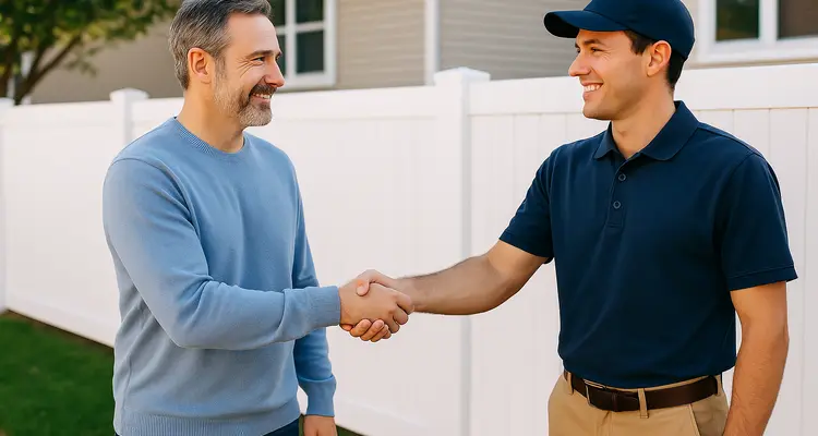 a fence contractor shaking hand with a happy customer from Dallas Fence Company in Dallas, TX - Dog fence installation