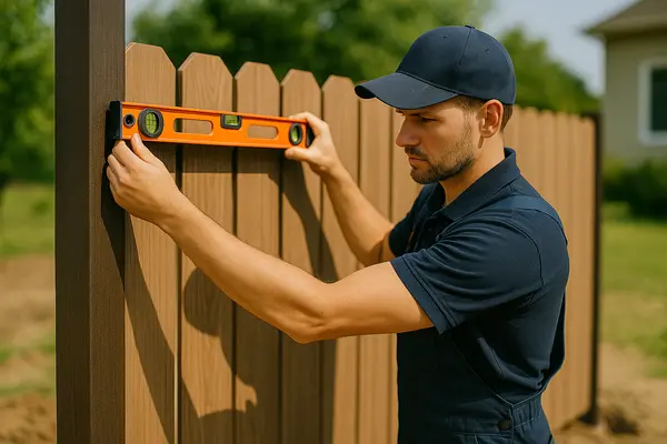 a male fence contractor checking the level a new fence from Dallas Fence Company in Dallas, TX - fence contractor near me a male fence contractor checking the level a new fence from Dallas Fence Company in Dallas, TX - fence contractor near me
