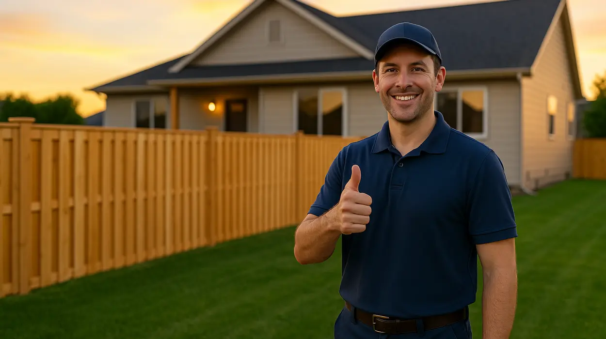 a male fence contractor giving a thumbs up to the camera with a wooden fence in the background from Dallas Fence Company in Dallas, TX - Fence Repair Company