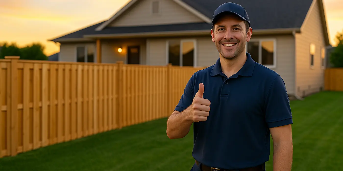a male fence contractor giving a thumbs up to the camera with a wooden fence in the background from Dallas Fence Company in Dallas, TX - Fence Repair Company a male fence contractor giving a thumbs up to the camera with a wooden fence in the background from Dallas Fence Company in Dallas, TX - Fence Repair Company