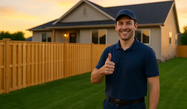 a male fence contractor giving a thumbs up to the camera with a wooden fence in the background from Dallas Fence Company in Dallas, TX - Fence Repair Company
