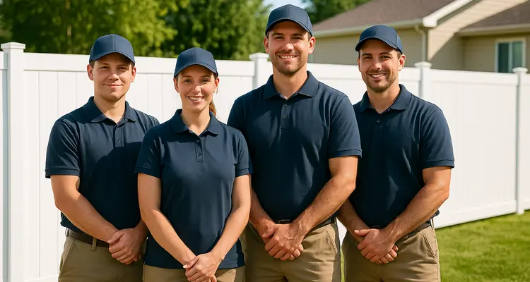 4 fence contractors in uniform smiling at the camera from Dallas Fence Company in Dallas, TX - fence staining