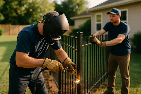 2 male fence contractors welding a new metal fence from Dallas Fence Company in Dallas, TX - fence staining 2 male fence contractors welding a new metal fence from Dallas Fence Company in Dallas, TX - fence staining