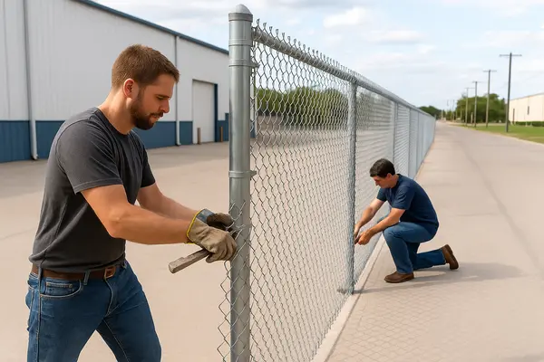 2 male contractors installing a chained fence from Dallas Fence Company in Dallas, TX - fencing contractors 2 male contractors installing a chained fence from Dallas Fence Company in Dallas, TX - fencing contractors