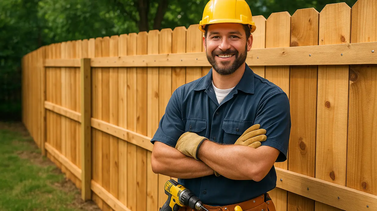 a fence contractor smiling at the camera with a new fence built behind him from Dallas Fence Company in Dallas, TX a fence contractor smiling at the camera with a new fence built behind him from Dallas Fence Company in Dallas, TX