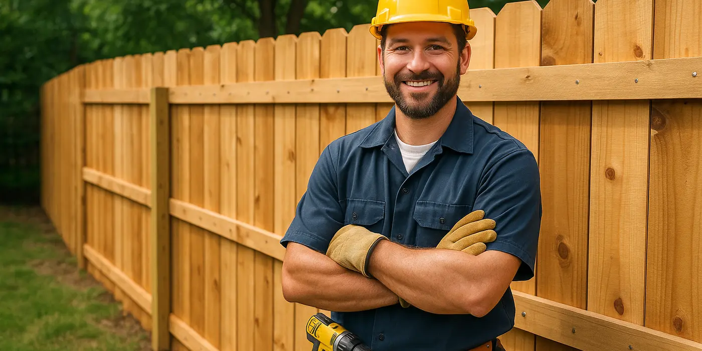 a fence contractor smiling at the camera with a new fence built behind him from Dallas Fence Company in Dallas, TX a fence contractor smiling at the camera with a new fence built behind him from Dallas Fence Company in Dallas, TX