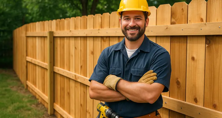 a fence contractor smiling at the camera with a new fence built behind him from Dallas Fence Company in Dallas, TX a fence contractor smiling at the camera with a new fence built behind him from Dallas Fence Company in Dallas, TX