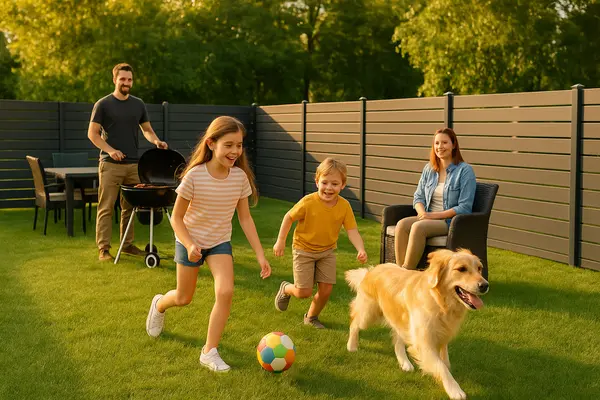 a happy family in the backyard with a stained wooden fence behind them from Dallas Fence Company in Dallas, TX a happy family in the backyard with a stained wooden fence behind them from Dallas Fence Company in Dallas, TX