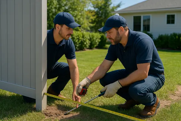 two male fence contractors measuring the length of a new fence addition from Dallas Fence Company in Dallas, TX two male fence contractors measuring the length of a new fence addition from Dallas Fence Company in Dallas, TX