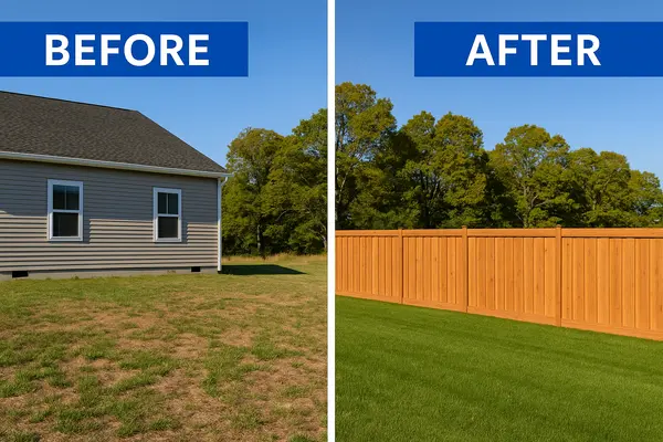 a before and after image with a house without a fence and the house with a new fence from Dallas Fence Company in Dallas, TX a before and after image with a house without a fence and the house with a new fence from Dallas Fence Company in Dallas, TX