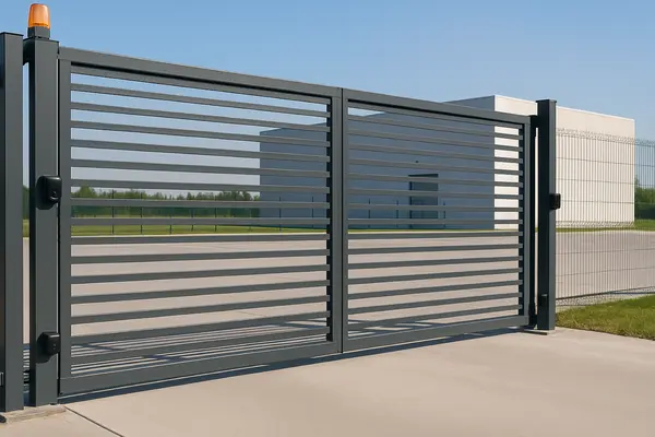 a building featureing a new metal gate fence from Dallas Fence Company in Dallas, TX a building featureing a new metal gate fence from Dallas Fence Company in Dallas, TX