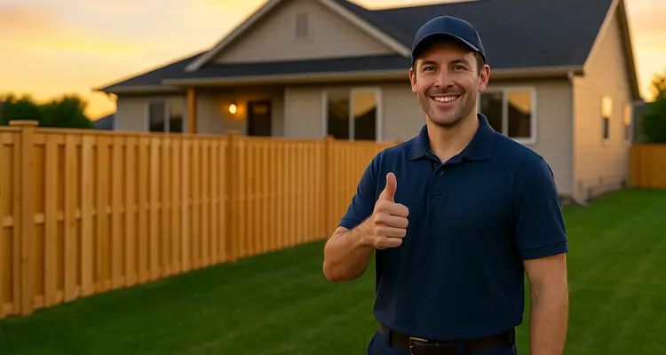 a male fence contractor giving a thumbs up to the camera with a wooden fence in the background from Dallas Fence Company in Dallas, TX - gate installation