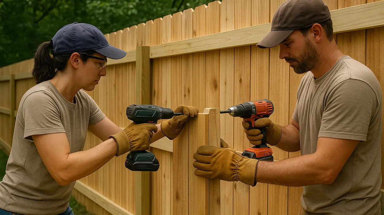 a female and male fence contractor installing a new wooden fence from Dallas Fence Company in Dallas, TX - iron gate repair