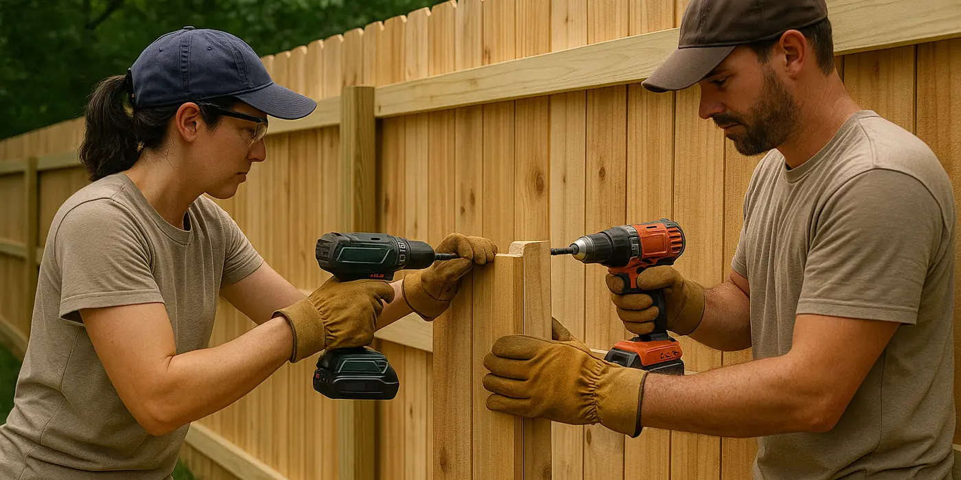 a female and male fence contractor installing a new wooden fence from Dallas Fence Company in Dallas, TX - iron gate repair a female and male fence contractor installing a new wooden fence from Dallas Fence Company in Dallas, TX - iron gate repair
