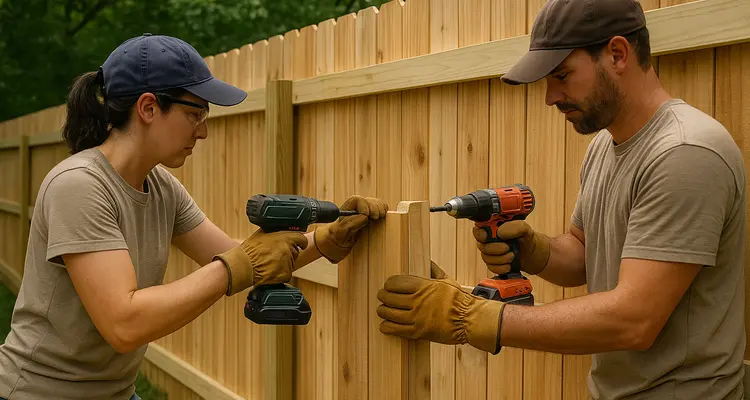 a female and male fence contractor installing a new wooden fence from Dallas Fence Company in Dallas, TX - iron gate repair