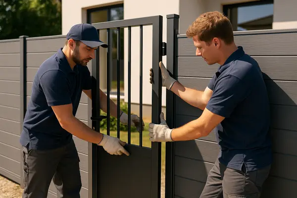 two male contractors installing a new fence gate from Dallas Fence Company in Irving, TX - Irving TX