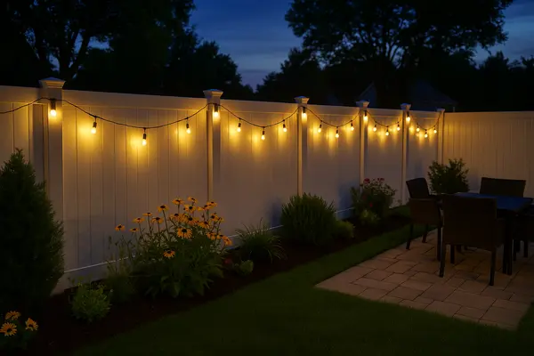 a beautiful white fence with backyard lights on connect them to it from Dallas Fence Company in Irving, TX - Irving TX