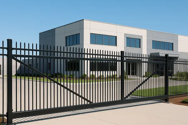 a building featuring a gated metal fence from Dallas Fence Company in Irving, TX - Irving TX