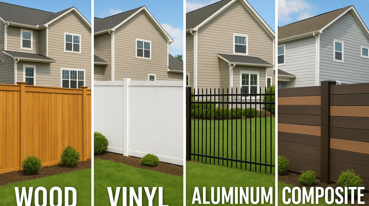 an image of 4 types of fence, wooding, vinyl, aluminum and composite from Dallas Fence Company in Dallas, TX - livestock fencing contractors