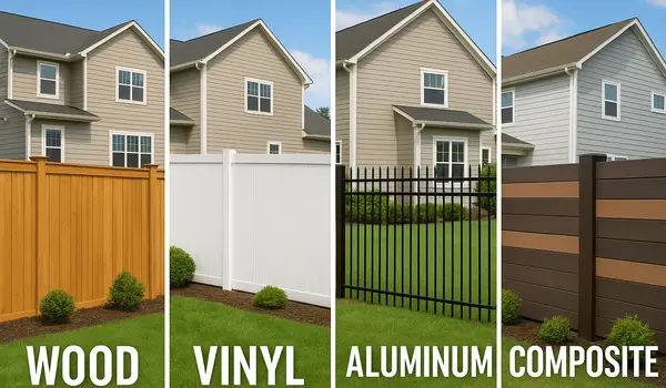 an image of 4 types of fence, wooding, vinyl, aluminum and composite from Dallas Fence Company in Dallas, TX - livestock fencing contractors
