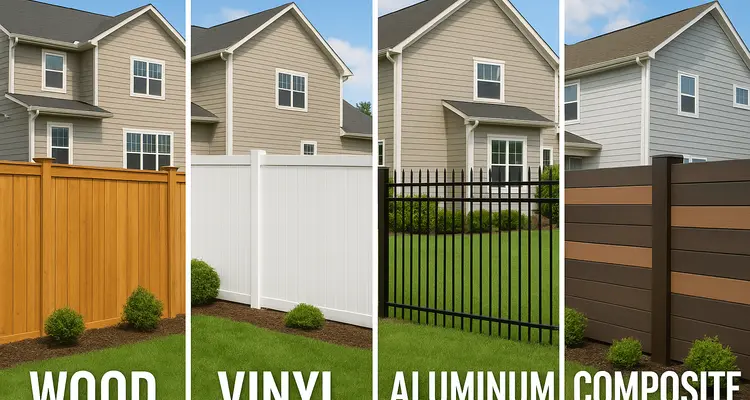 an image of 4 types of fence, wooding, vinyl, aluminum and composite from Dallas Fence Company in Dallas, TX - livestock fencing contractors