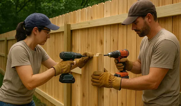 a female and male fence contractor installing a new wooden fence from Dallas Fence Company in Richardson, TX - Richardson TX