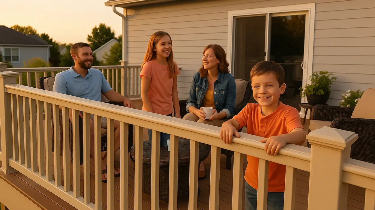 a happy family on a wooden deck with a fence from Dallas Fence Company in Dallas, TX - vinyl fence installation