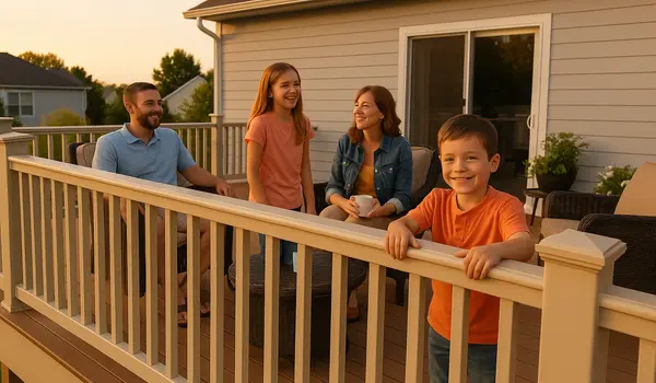 a happy family on a wooden deck with a fence from Dallas Fence Company in Dallas, TX - vinyl fence installation