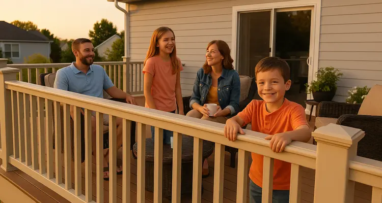 a happy family on a wooden deck with a fence from Dallas Fence Company in Dallas, TX - vinyl fence installation